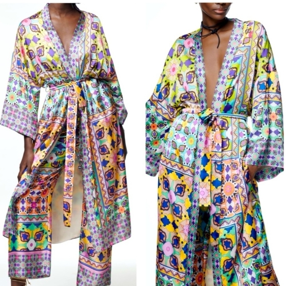 Zara NWTs Satin Colorful Boho Floral Kimono Duster